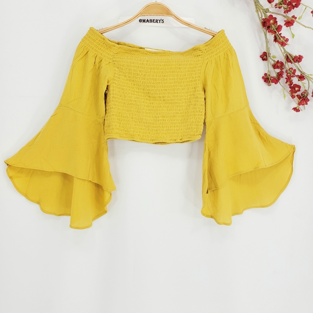 NEW Love Tree Smocked Off-Shoulder Bell Sleeve Top in Yellow - Picture 3 of 5